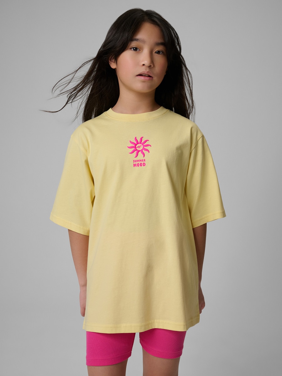 Dziewczęcy t-shirt z nadrukiem 4F 4FJWSS26TTSHF2940 - żółty