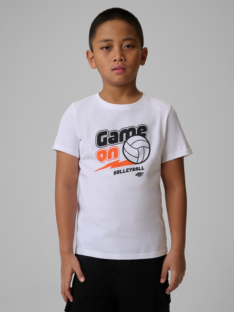 Chłopięcy t-shirt z nadrukiem 4F 4FJWSS26TTSHM3011 - biały