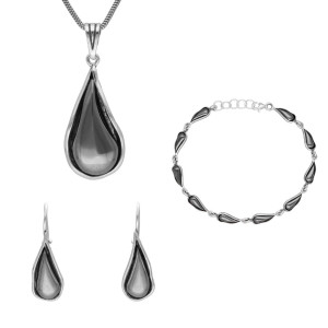 Komplet łezki z hematytem srebro