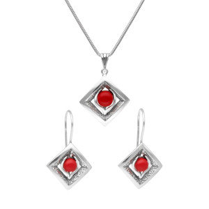 Komplet romby z koralem srebro oksydowane