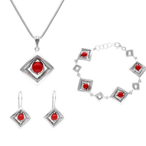 Komplet romby z koralem srebro oksydowane