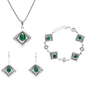 Komplet romby z malachitem srebro oksydowane