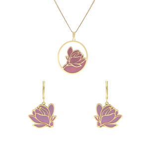 Komplet fioletowy kwiat tytan srebro pozłacane