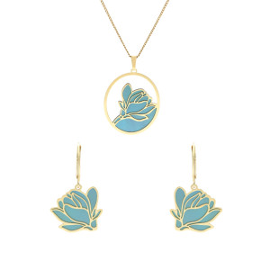 Komplet turkusowy kwiat tytan srebro pozłacane