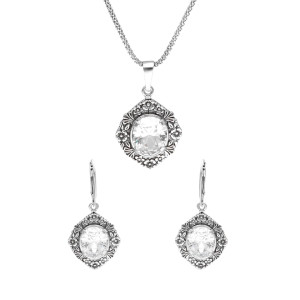 Komplet z białymi cyrkoniami i motywem kwiatowym srebro