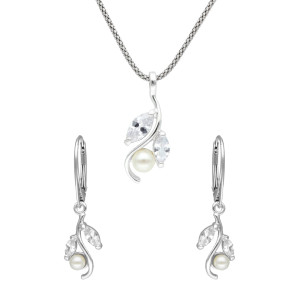 Komplet srebrny z motywem roślinnym z perłą i cyrkoniami