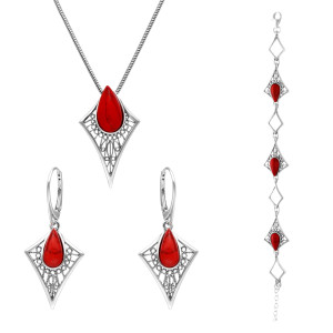 Komplet ażurowy z koralem srebro