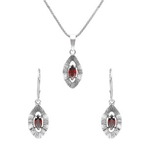 Komplet falowany z burgundowymi cyrkoniami srebro oksydowane