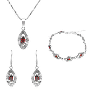 Komplet falowany z burgundowymi cyrkoniami srebro oksydowane