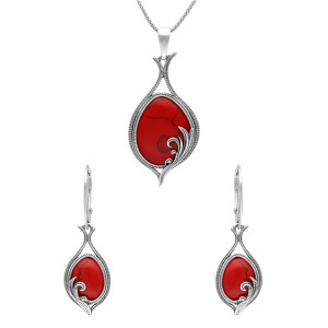 Komplet z koralem srebro oksydowane