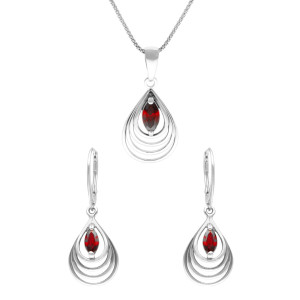 Komplet spiralne łezki z burgundowymi cyrkoniami srebro
