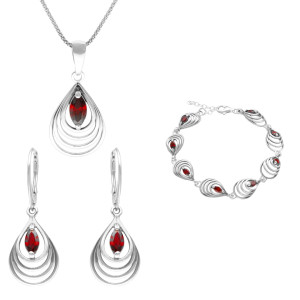 Komplet spiralne łezki z burgundowymi cyrkoniami srebro