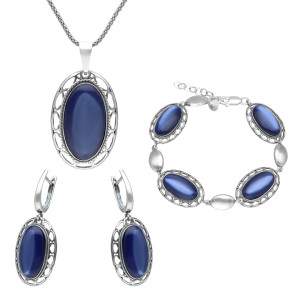 Komplet z owalną kobaltową masą perłową srebro oksydowane
