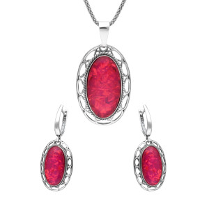 Komplet z owalnym opalem malinowym srebro oksydowane