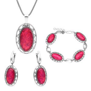 Komplet z owalnym opalem malinowym srebro oksydowane