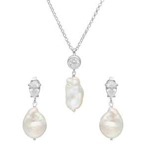 Komplet z perłą naturalną i cyrkonią srebro rodowane