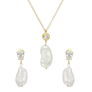 Komplet z perłą naturalną i cyrkonią srebro pozłacane