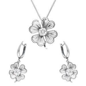 Komplet koniczyna z białą cyrkonią srebro oksydowane