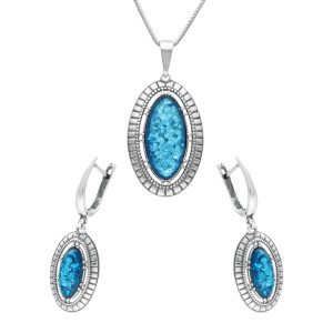 Komplet z owalnym opalem ognistym turkusowym srebro oksydowane