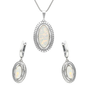 Komplet z owalnym opalem białym srebro oksydowane