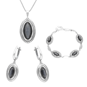 Komplet z owalnym kamieniem słonecznym multikolor srebro oksydowane