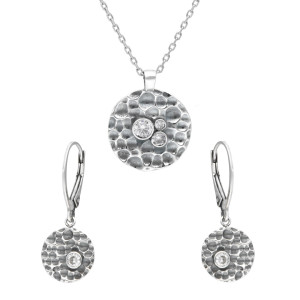 Komplet kółka młotkowane z białymi cyrkoniami srebro