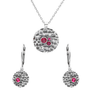 Komplet kółka młotkowane z burgundowymi cyrkoniami srebro
