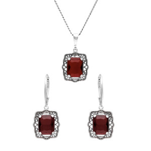 Komplet z burgundowymi cyrkoniami srebro