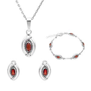 Komplet łezki z burgundowymi cyrkoniami srebro