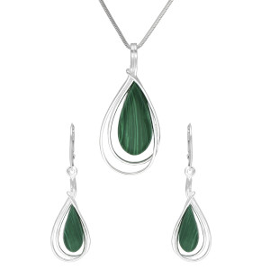 Komplet łezka z malachitem srebro
