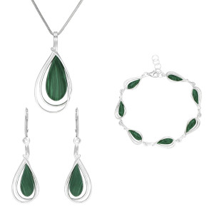 Komplet łezka z malachitem srebro