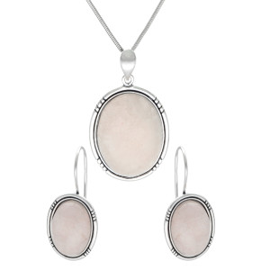 Komplet owalny z różowym kwarcem srebro oksydowane