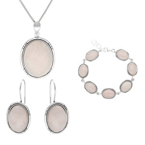Komplet owalny z różowym kwarcem srebro oksydowane