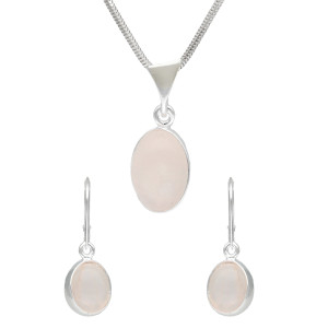 Komplet z owalnym różowym kwarcem srebro