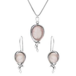 Komplet z owalnym różowym kwarcem srebro oksydowane