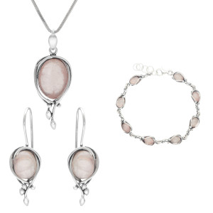 Komplet z owalnym różowym kwarcem srebro oksydowane