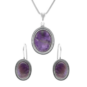 Komplet owalny z ametystem srebro oksydowane
