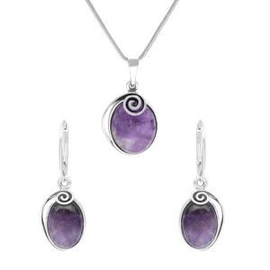 Komplet owalny ze spiralą i ametystem srebro oksydowane