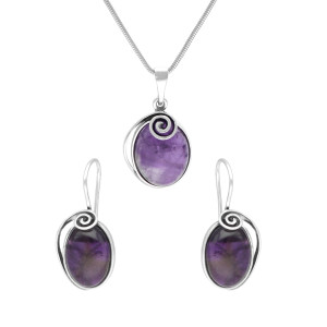 Komplet owalny ze spiralą i ametystem srebro oksydowane