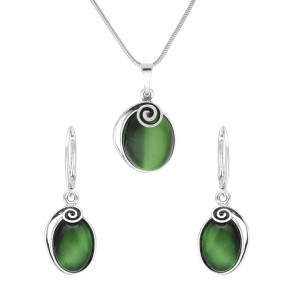 Komplet owalny ze spiralą i kocim okiem srebro oksydowane