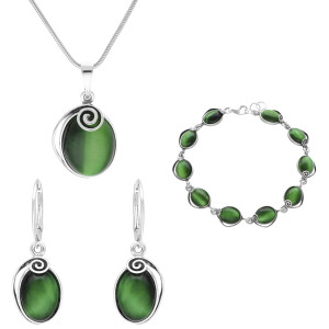 Komplet owalny ze spiralą i kocim okiem srebro oksydowane