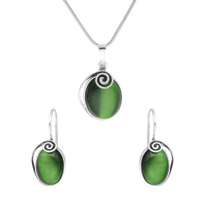 Komplet owalny ze spiralą i kocim okiem srebro oksydowane