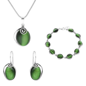 Komplet owalny ze spiralą i kocim okiem srebro oksydowane