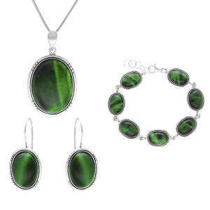 Komplet owalny z kocim okiem srebro oksydowane