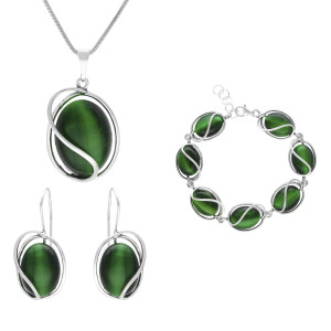 Komplet owalny z kocim okiem srebro oksydowane