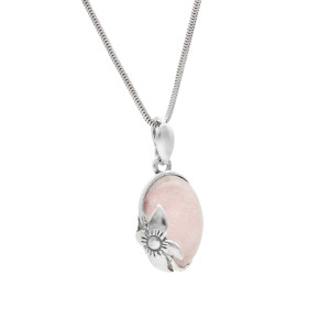 Wisior z różowym kwarcem i motywem kwiatowym srebro oksydowane