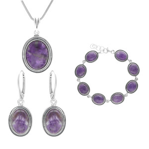 Komplet owalny z ametystem srebro oksydowane