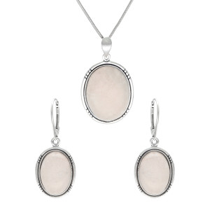 Komplet owalny z różowym kwarcem srebro oksydowane