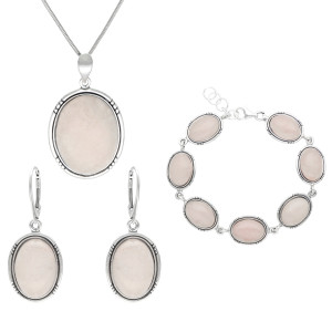 Komplet owalny z różowym kwarcem srebro oksydowane