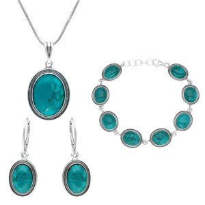 Komplet owalny z chryzokolą srebro oksydowane